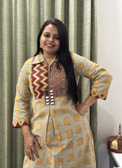 Biege and Maroon Hand-mirror work cotton kurti set