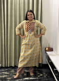 Biege and Maroon Hand-mirror work cotton kurti set
