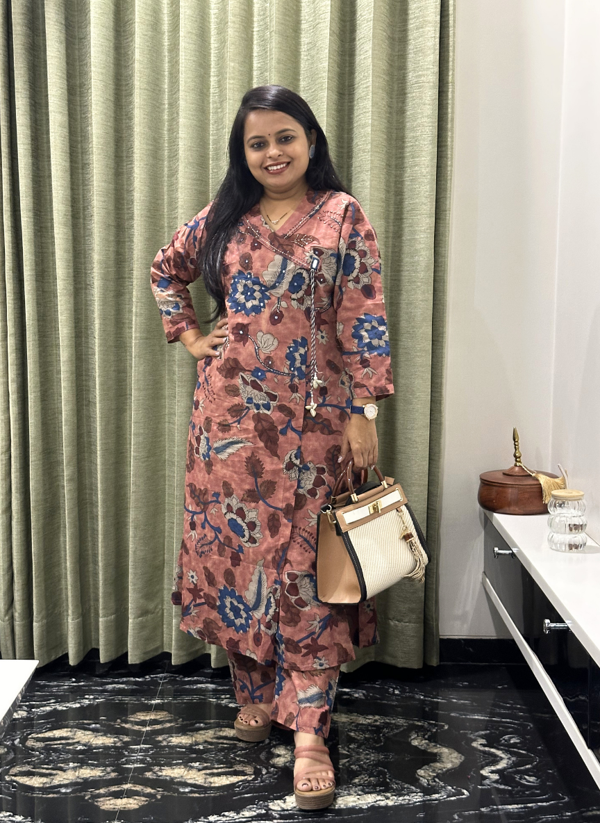 Dusty Rose Kalamkari Floral Print Cotton Kurta Set with Pants