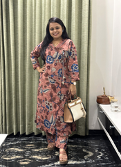 Dusty Rose Kalamkari Floral Print Cotton Kurta Set with Pants