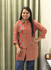 Red Ajrakh print crepe silk premium shirt