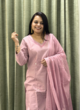 Baby pink V-neck Patch work pure cotton dress with pure mulcotton dupatta