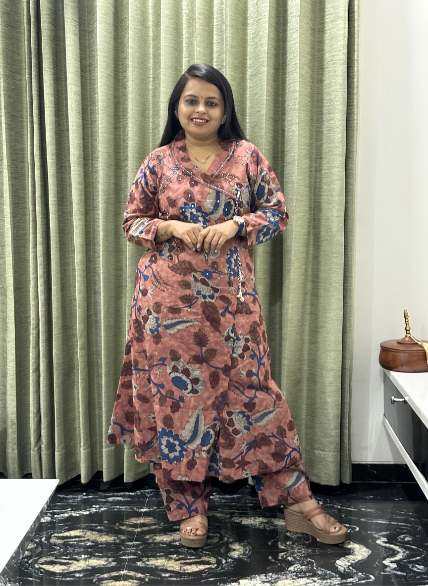 Dusty Rose Kalamkari Floral Print Cotton Kurta Set with Pants