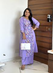 Lavender Cotton Abstract Mandala Embroidered Panel Kurta with Palazzo Set