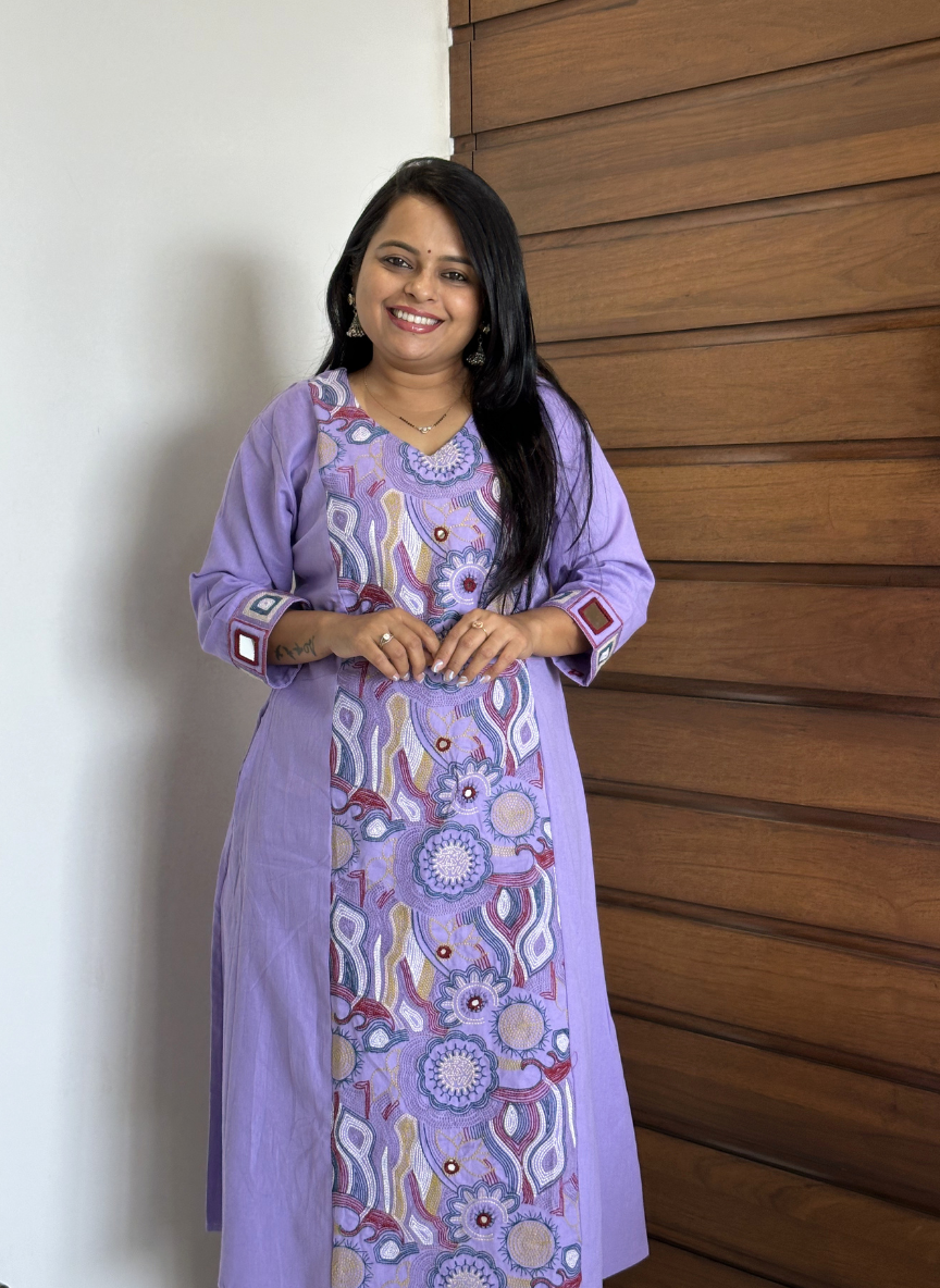 Lavender Cotton Abstract Mandala Embroidered Panel Kurta with Palazzo Set