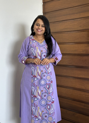 Lavender Cotton Abstract Mandala Embroidered Panel Kurta with Palazzo Set