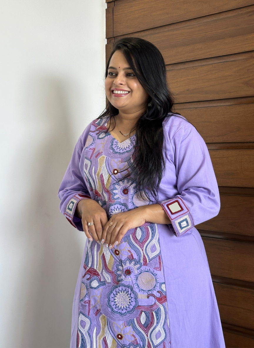 Lavender Cotton Abstract Mandala Embroidered Panel Kurta with Palazzo Set