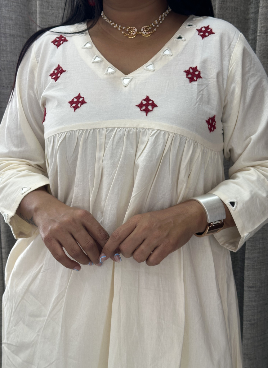 Off White Cotton Ethnic Embroidered A-Line Kurta Set