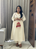Off White Cotton Ethnic Embroidered A-Line Kurta Set