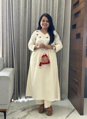 Off White Cotton Ethnic Embroidered A-Line Kurta Set