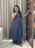 Blue jamdani cotton sleeveless kurti set with subtle hand detailing with attached sleeves