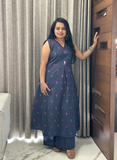 Blue jamdani cotton sleeveless kurti set with subtle hand detailing with attached sleeves