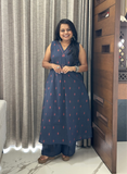 Blue jamdani cotton sleeveless kurti set with subtle hand detailing with attached sleeves