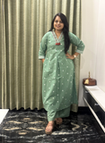 Green jamdani cotton kurti set with handcrafted detailing on neck