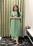 Green jamdani cotton kurti set with handcrafted detailing on neck