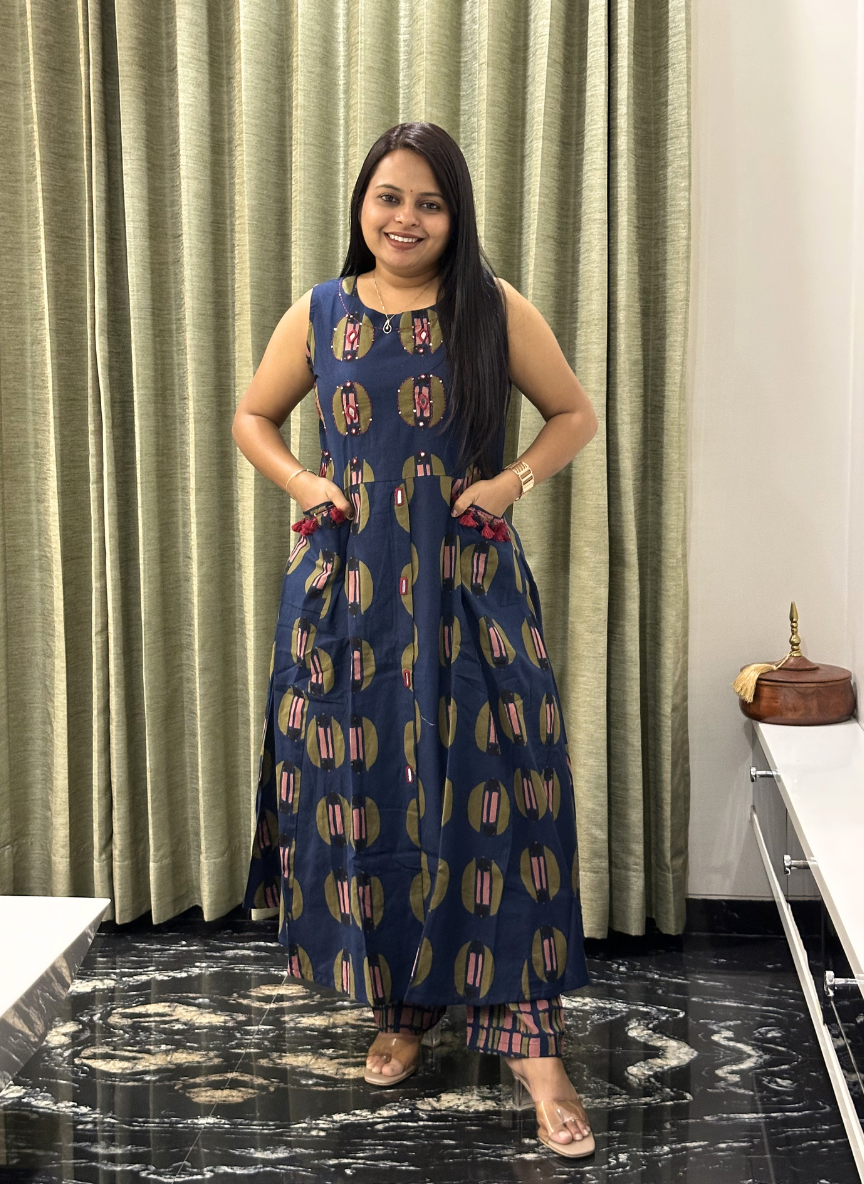 Blue Block Print with Hand-mirror work Cotton Kurti Set