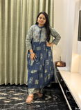 Indigo Ajrakh print kurti set with hand mirror work detailing on neck with Ajrakh print bottom