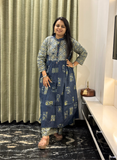 Indigo Ajrakh print kurti set with hand mirror work detailing on neck with Ajrakh print bottom