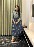 Indigo Ajrakh print kurti set with hand mirror work detailing on neck with Ajrakh print bottom