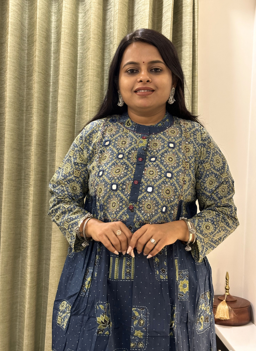 Indigo Ajrakh print kurti set with hand mirror work detailing on neck with Ajrakh print bottom