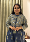 Indigo Ajrakh print kurti set with hand mirror work detailing on neck with Ajrakh print bottom