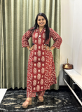Red Maroon Floral Printed Cotton Kurti Set with Handwork Neck Detailing