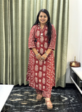 Red Maroon Floral Printed Cotton Kurti Set with Handwork Neck Detailing