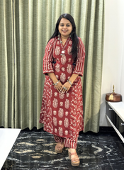 Red Maroon Floral Printed Cotton Kurti Set with Handwork Neck Detailing