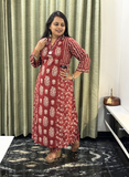 Red Maroon Floral Printed Cotton Kurti Set with Handwork Neck Detailing