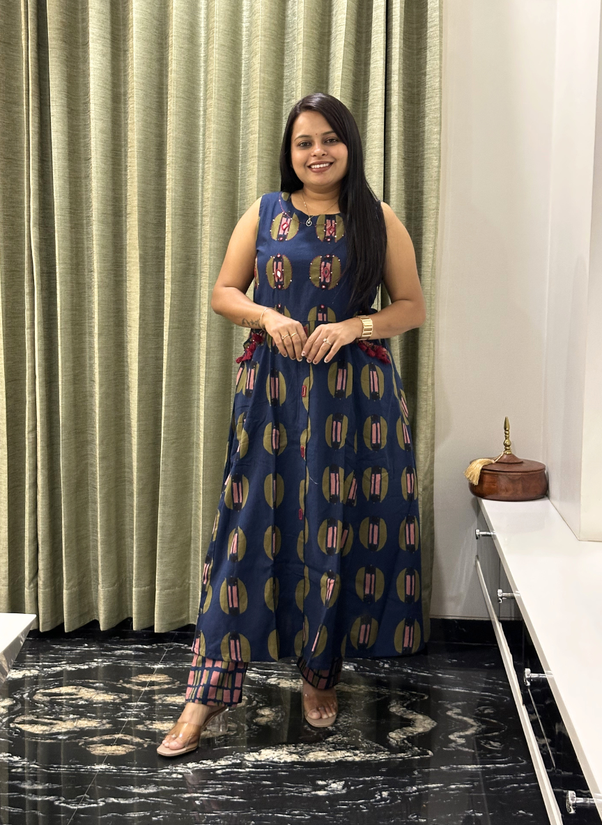 Blue Block Print with Hand-mirror work Cotton Kurti Set