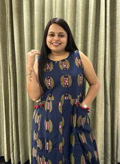 Blue Block Print with Hand-mirror work Cotton Kurti Set