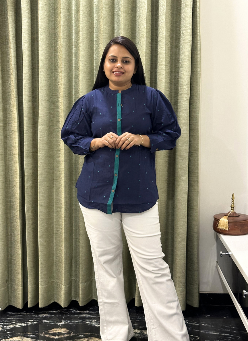 Navvy Blue Pure Jamdani Cotton Short Top