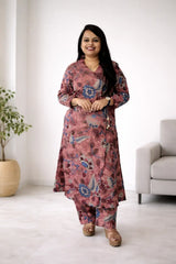 Dusty Rose Kalamkari Floral Print Cotton Kurta Set with Pants
