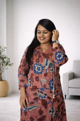 Dusty Rose Kalamkari Floral Print Cotton Kurta Set with Pants