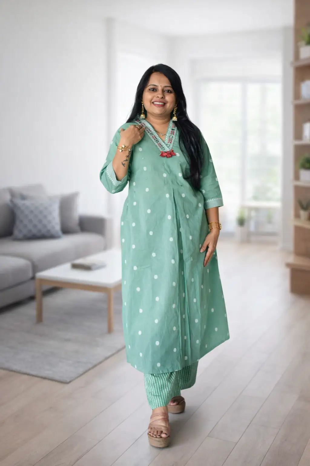 Green jamdani cotton kurti set with handcrafted detailing on neck