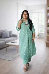 Green jamdani cotton kurti set with handcrafted detailing on neck