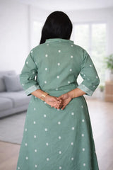 Green jamdani cotton kurti set with handcrafted detailing on neck