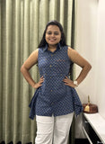 Indigo Cotton Short Top with Printed Design & Shirt Collar