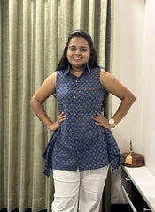 Indigo Cotton Short Top with Printed Design & Shirt Collar