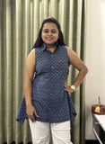 Indigo Cotton Short Top with Printed Design & Shirt Collar
