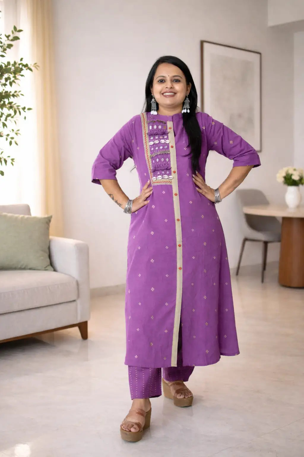Jamdani Cotton Purple Mirror Worked Handcrafted Kurta with Straight Pants