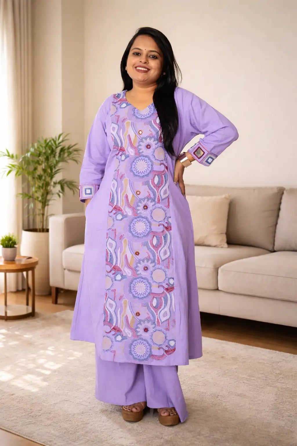 Lavender Cotton Abstract Mandala Embroidered Panel Kurta with Palazzo Set