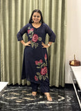 Navy Blue Cotton Dress with Floral Embroidery Kurta Set