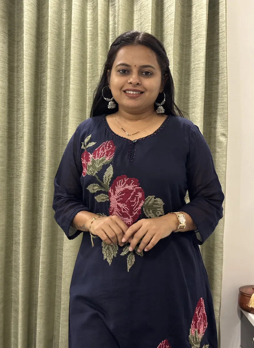 Navy Blue Cotton Dress with Floral Embroidery Kurta Set