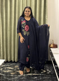 Navy Blue Cotton Dress with Floral Embroidery Kurta Set