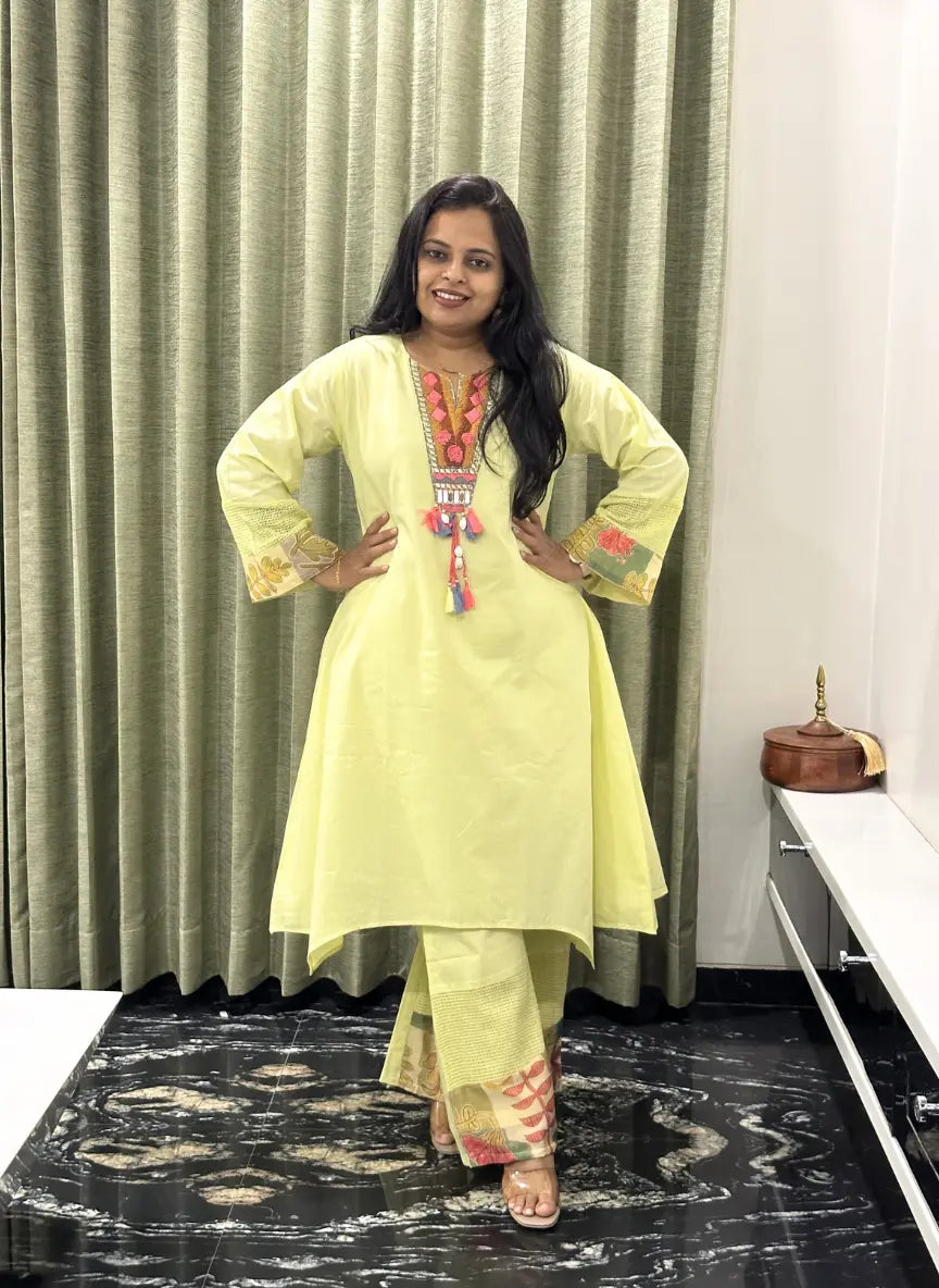 Neon Cotton Co-ord Set With Embroidered Neck & Printed Palazzo