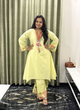Neon Cotton Co-ord Set With Embroidered Neck & Printed Palazzo