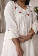Off White Cotton Ethnic Embroidered A-Line Kurta Set