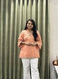 Peach Cotton Short Kurti with Floral Embroidery Work