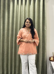 Peach Cotton Short Kurti with Floral Embroidery Work